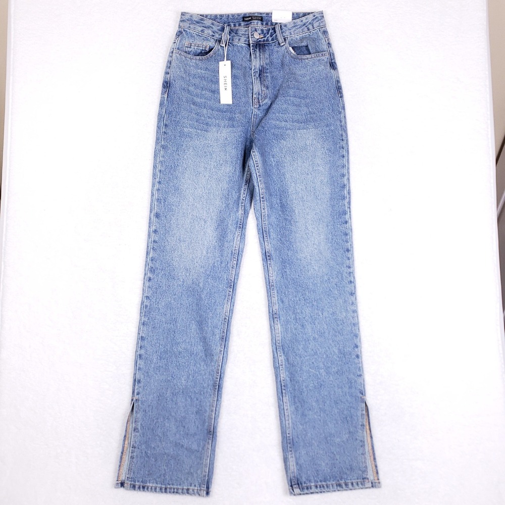 SHEIN Jeans Womens 30 High Waisted Straight Leg Split Hem Blue Denim Y2K